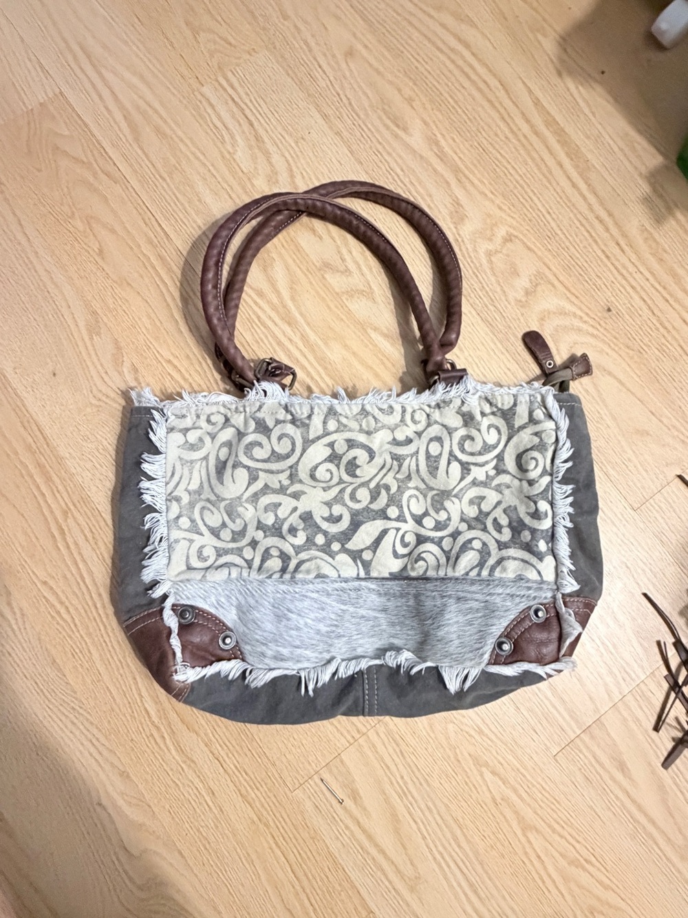 Myra Bag Gray Canvas Hobo with Cream Scroll Panel and Brown Leather Accents